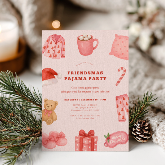 Friendsmas Pajama Party Invitation Template  - Girls Movie Night Christmas Sleepover L32
