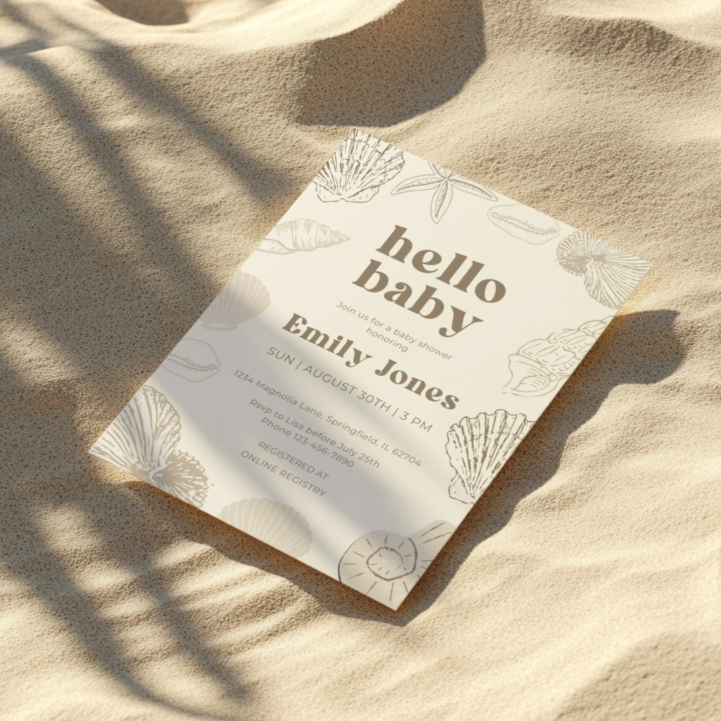 Baby Shower Invitation - Ocean Beach Seashells Gender Neutral Beige BS117
