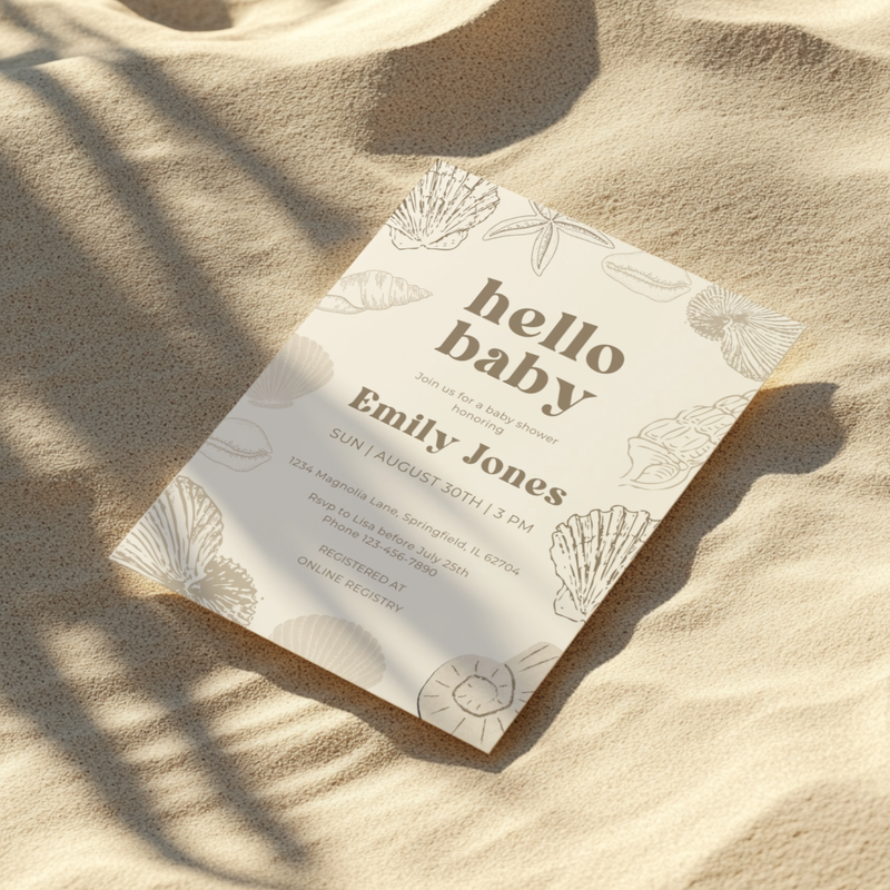 Baby Shower Invitation - Ocean Beach Seashells Gender Neutral Beige BS117