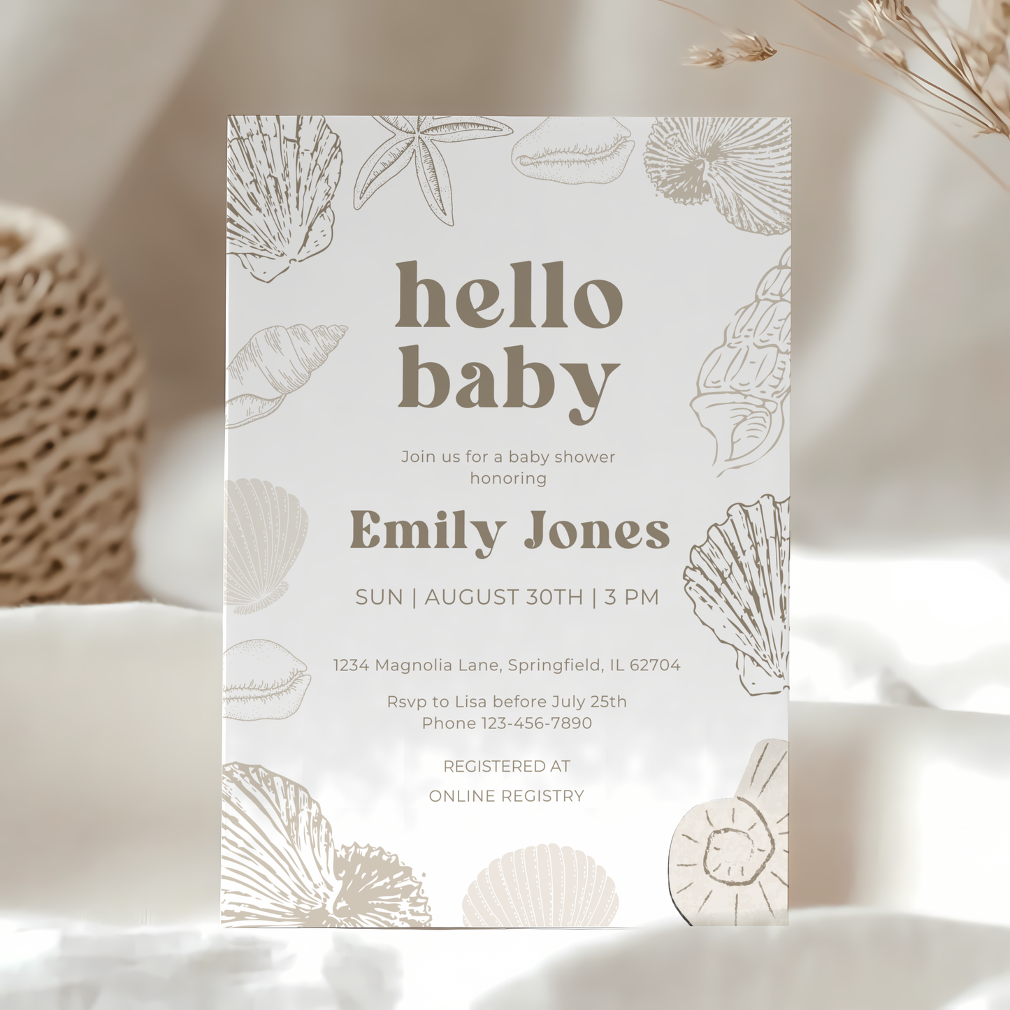Baby Shower Invitation - Ocean Beach Seashells Gender Neutral Beige BS117