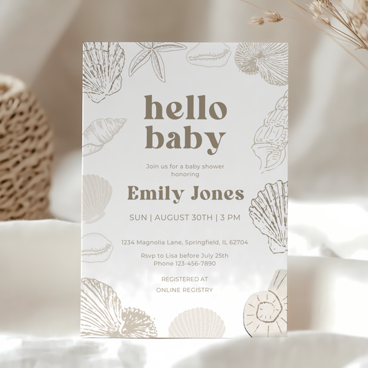 Baby Shower Invitation - Ocean Beach Seashells Gender Neutral Beige BS117