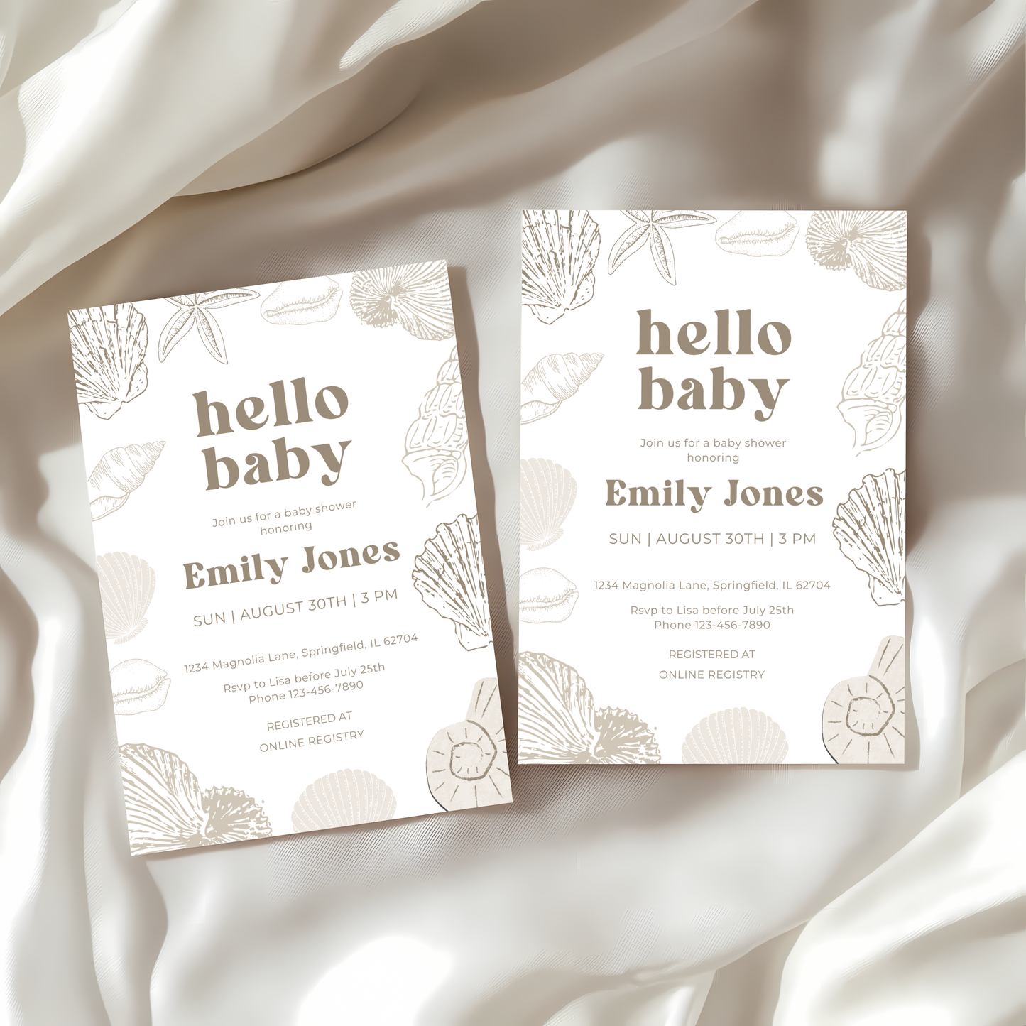 Baby Shower Invitation - Ocean Beach Seashells Gender Neutral Beige BS117