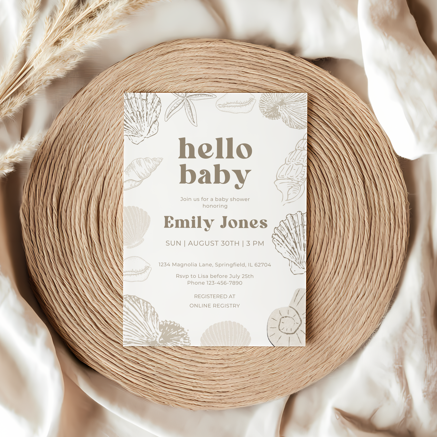 Baby Shower Invitation - Ocean Beach Seashells Gender Neutral Beige BS117