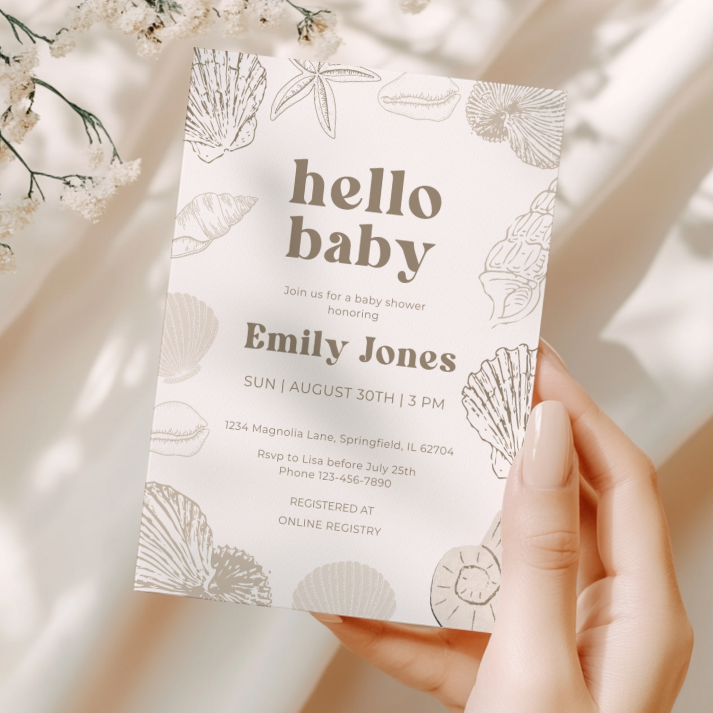 Baby Shower Invitation - Ocean Beach Seashells Gender Neutral Beige BS117