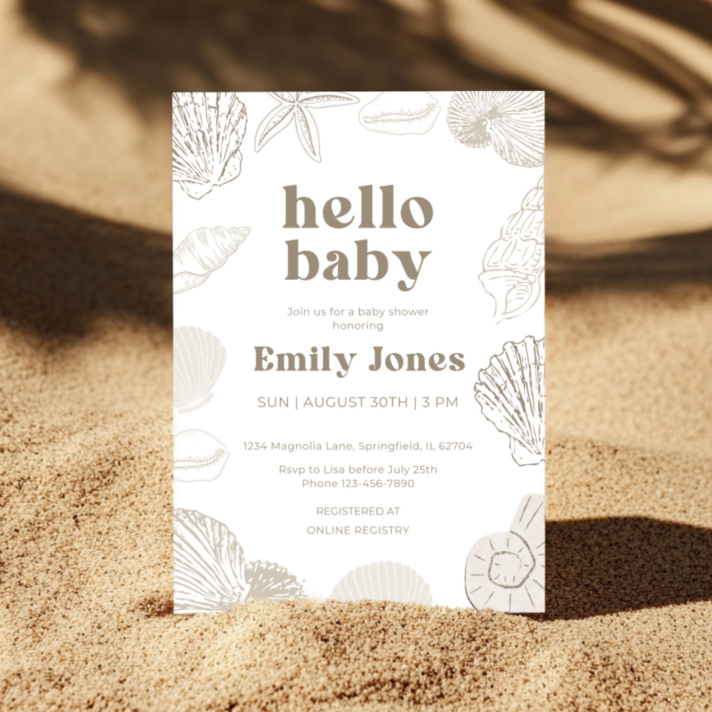 Baby Shower Invitation - Ocean Beach Seashells Gender Neutral Beige BS117
