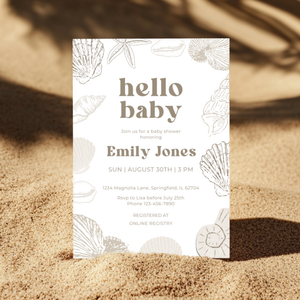Baby Shower Invitation - Ocean Beach Seashells Gender Neutral Beige BS117