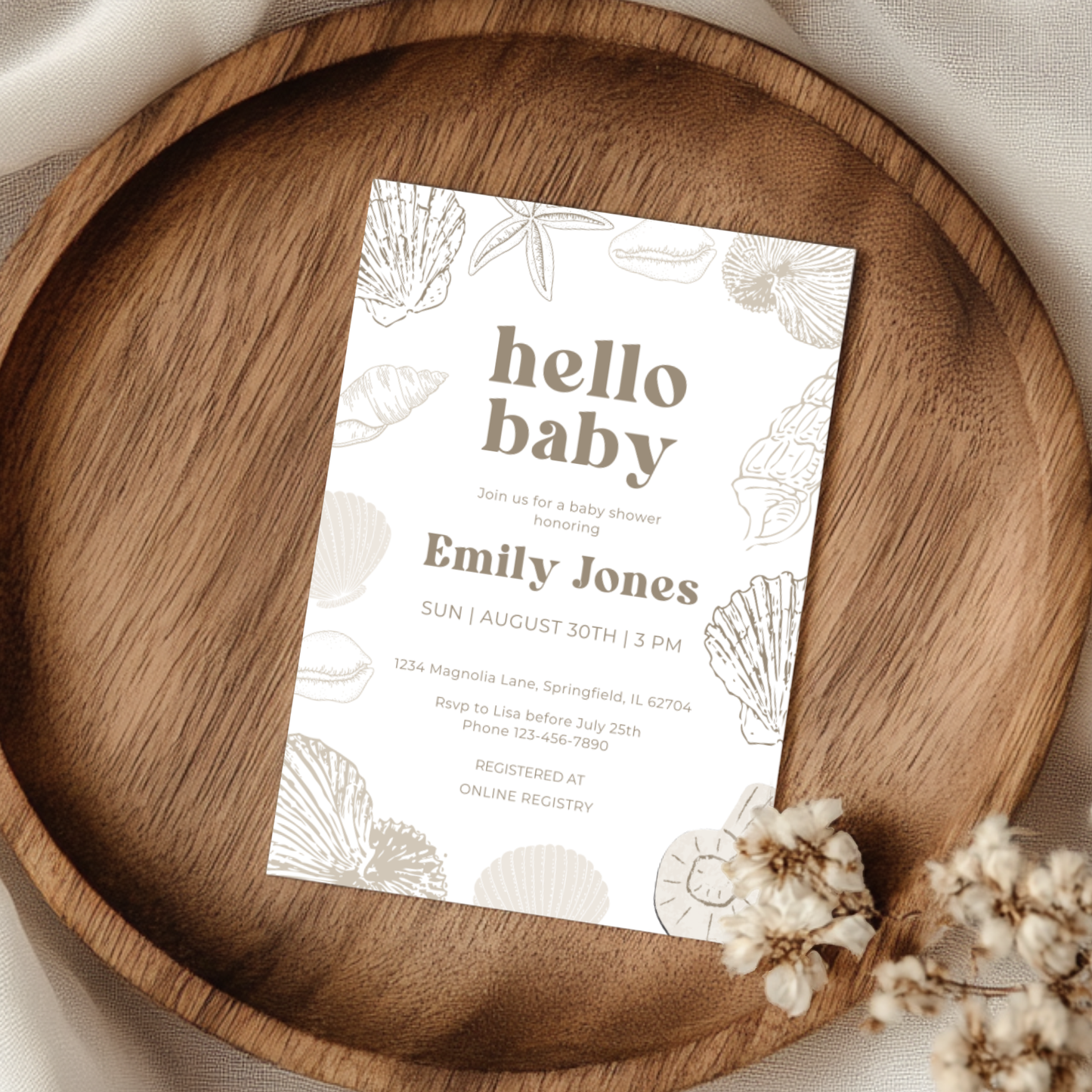 Baby Shower Invitation - Ocean Beach Seashells Gender Neutral Beige BS117