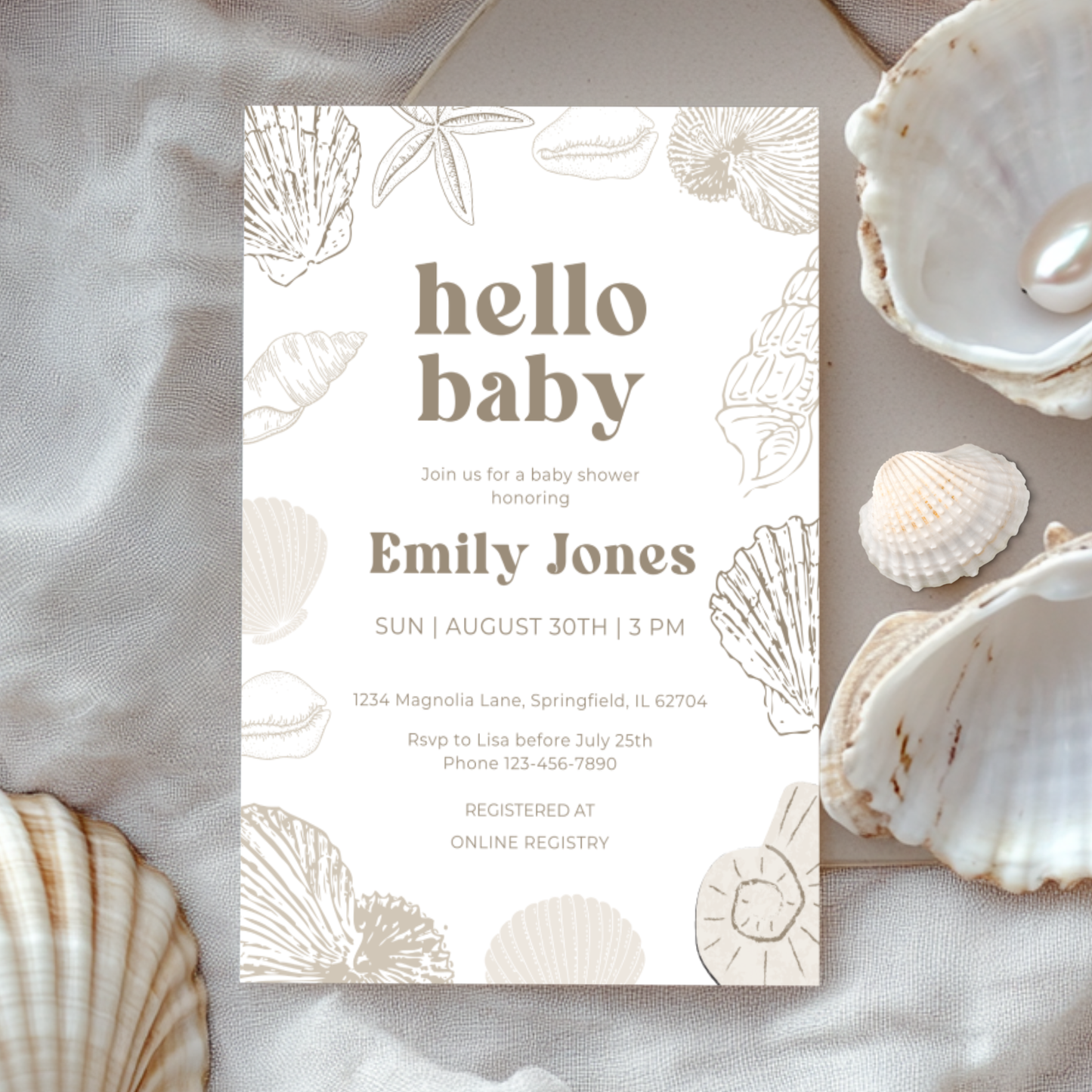 Baby Shower Invitation - Ocean Beach Seashells Gender Neutral Beige BS117