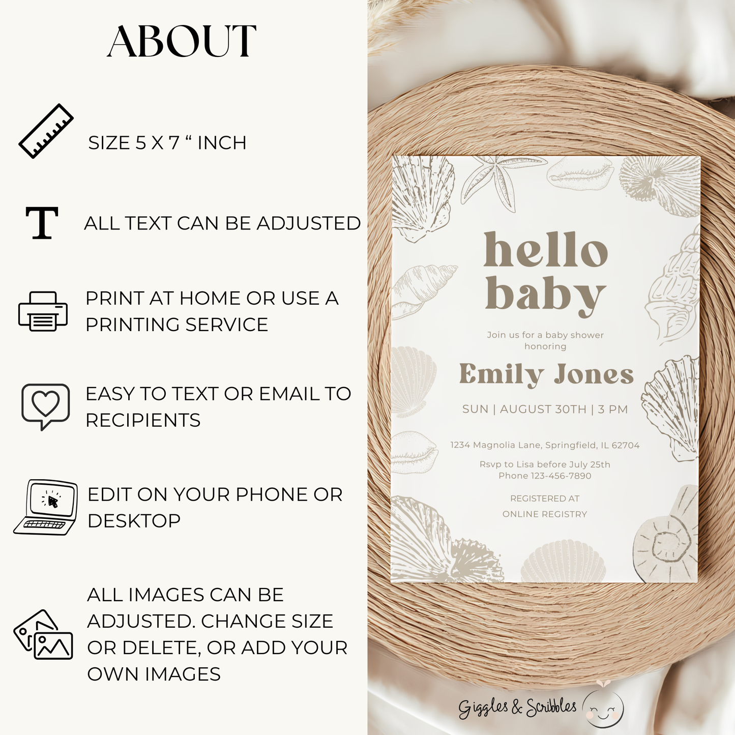 Baby Shower Invitation - Ocean Beach Seashells Gender Neutral Beige BS117