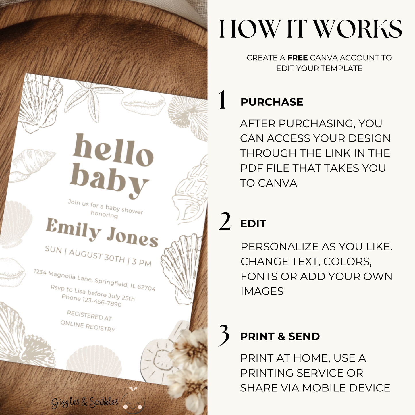 Baby Shower Invitation - Ocean Beach Seashells Gender Neutral Beige BS117
