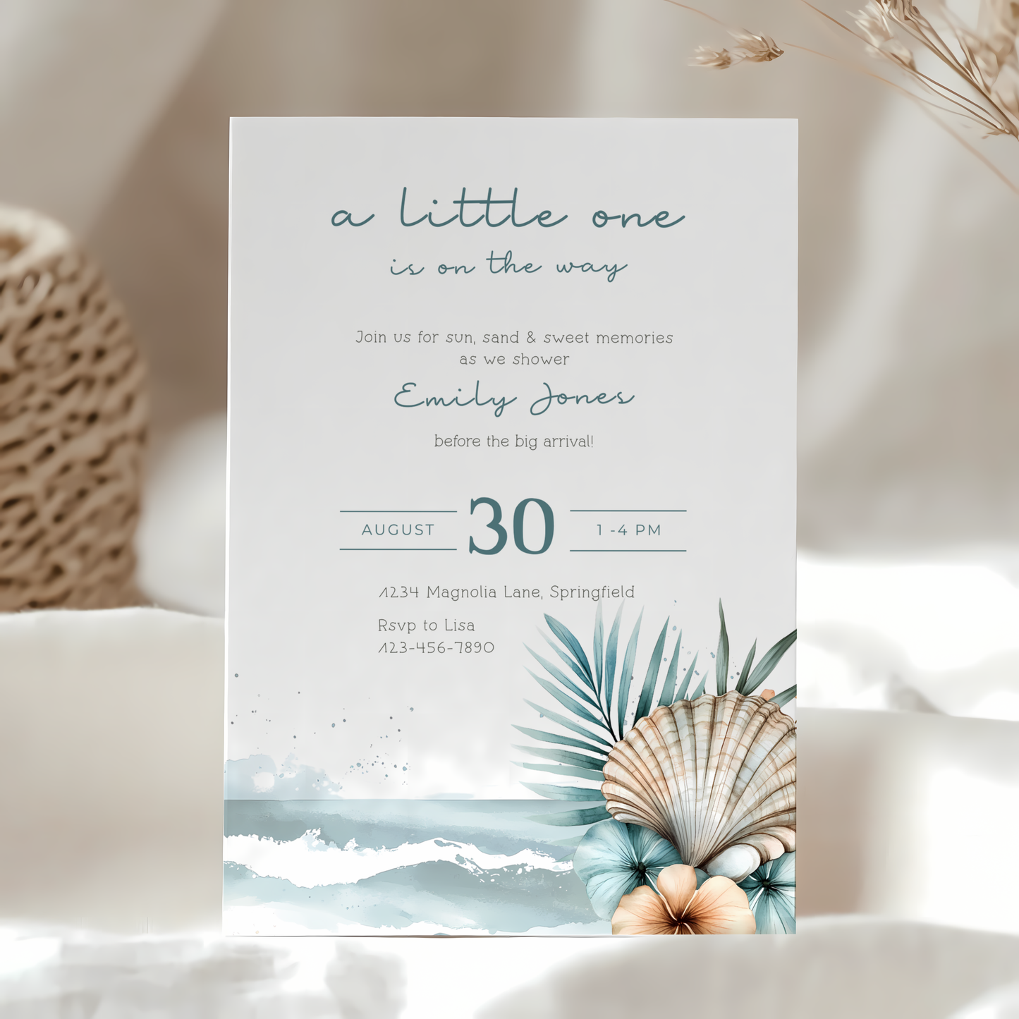 Baby Shower Invitation - Blue Ocean Beach Shell Palm Gender Neutral BS139