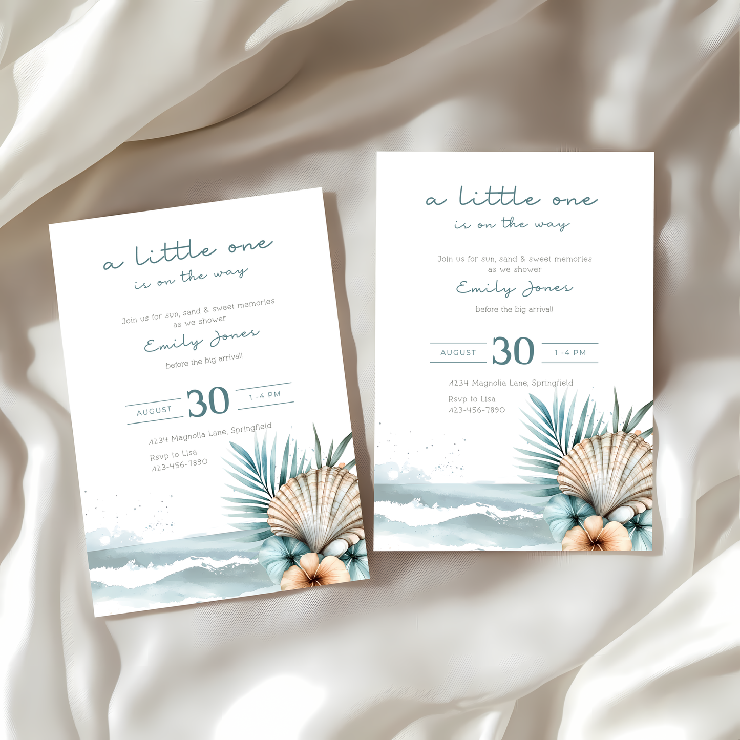 Baby Shower Invitation - Blue Ocean Beach Shell Palm Gender Neutral BS139