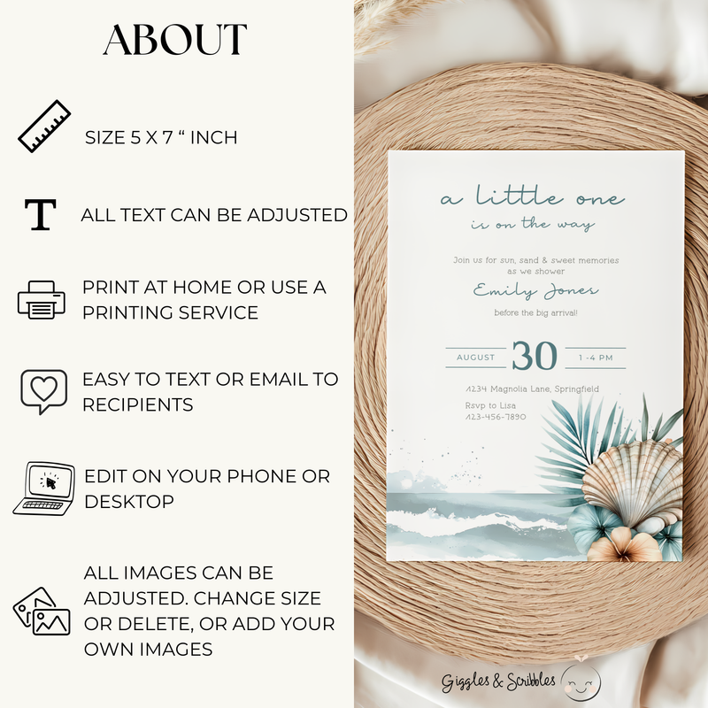 Baby Shower Invitation - Blue Ocean Beach Shell Palm Gender Neutral BS139