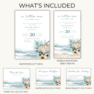 Baby Shower Invitation Bundle - Coastal Ocean Beach with Boho Shells and Palm BS139