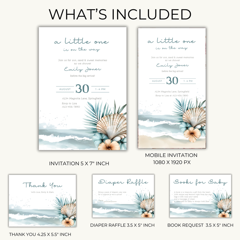 Baby Shower Invitation Bundle - Coastal Ocean Beach with Boho Shells and Palm BS139