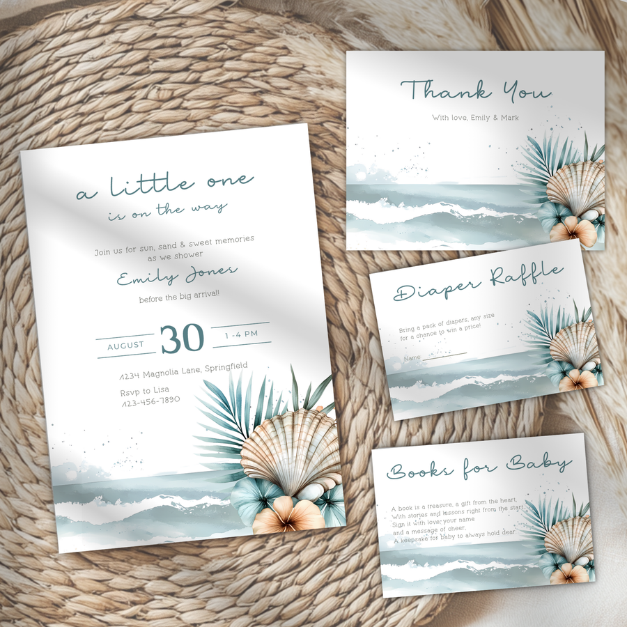 Baby Shower Invitation Bundle - Coastal Ocean Beach with Boho Shells and Palm BS139