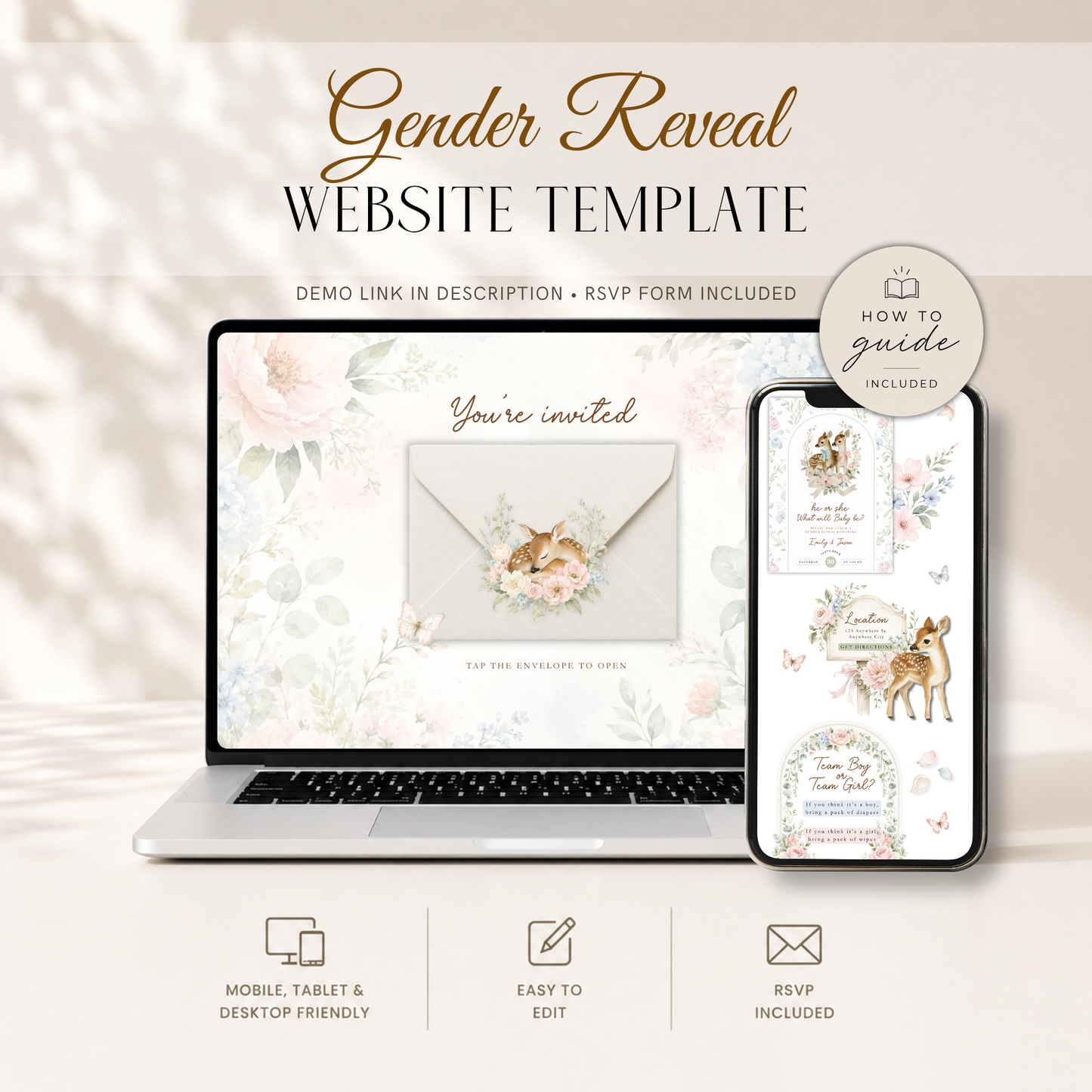 Deer Woodland Gender Reveal Website Invitation with RSVP BS261