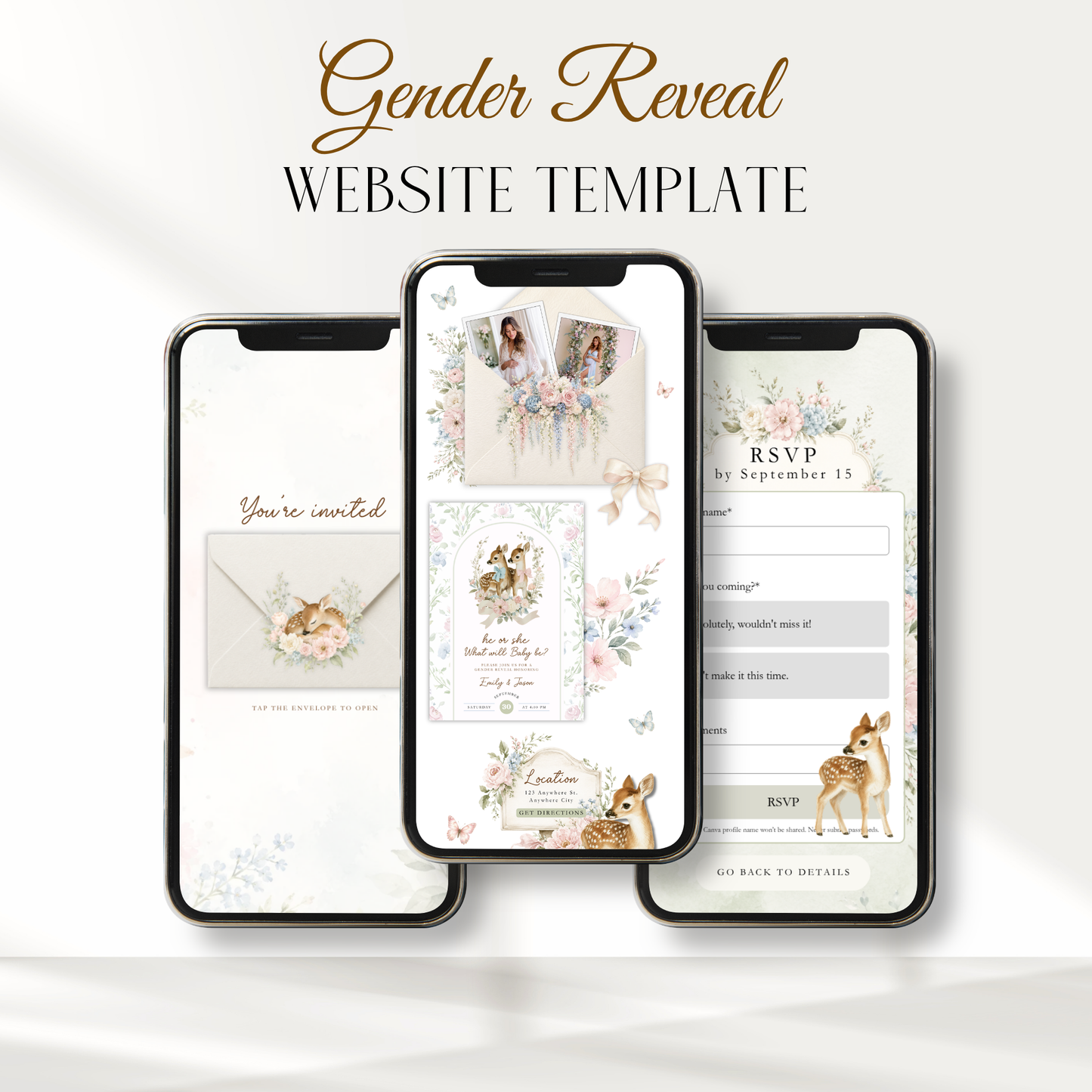 Deer Woodland Gender Reveal Website Invitation with RSVP BS261
