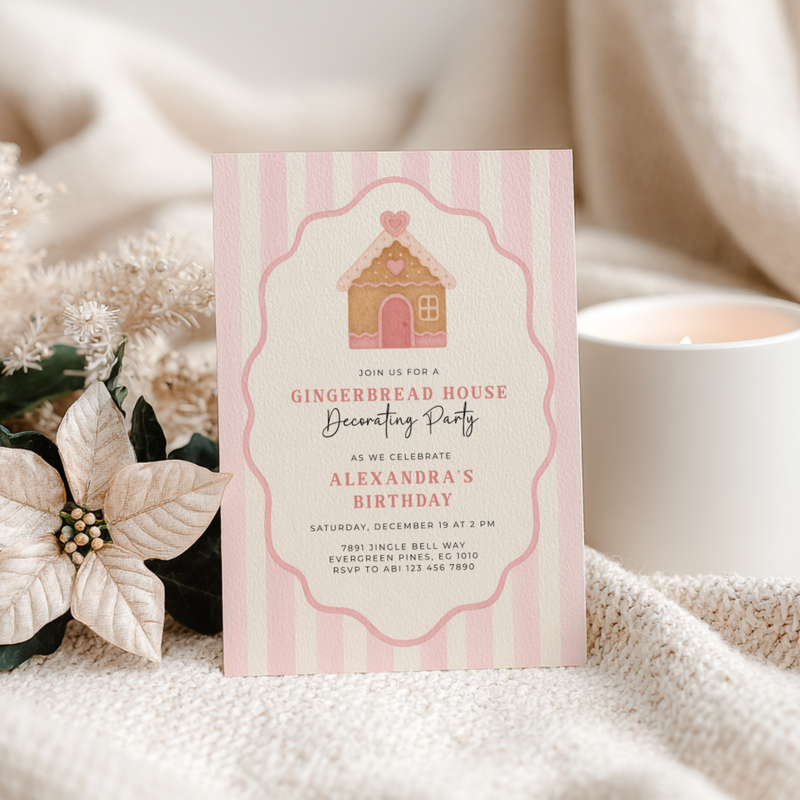 Pink Christmas Gingerbread House Birthday Party Invitation L54