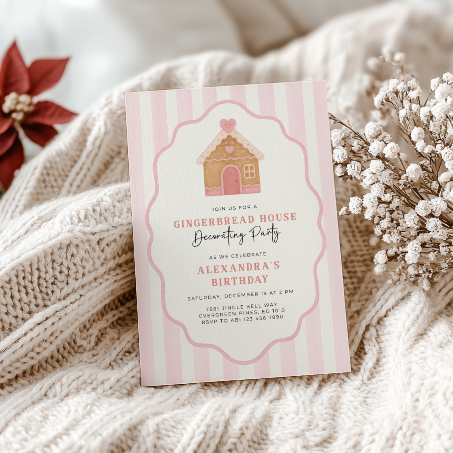 Pink Christmas Gingerbread House Birthday Party Invitation L54