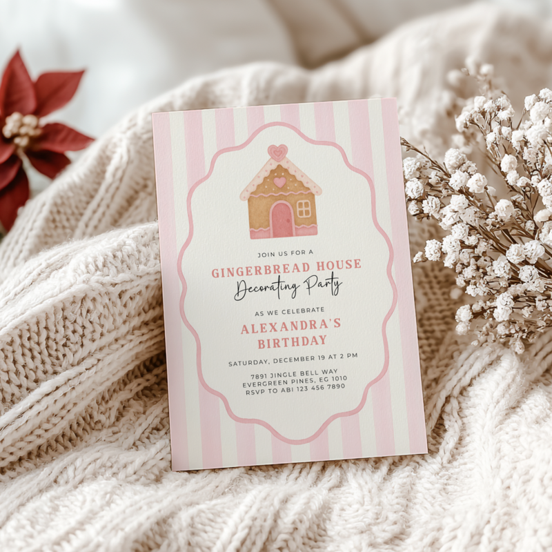 Pink Christmas Gingerbread House Birthday Party Invitation L54