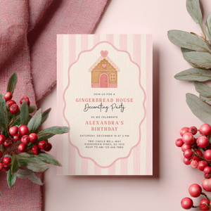 Pink Christmas Gingerbread House Birthday Party Invitation L54