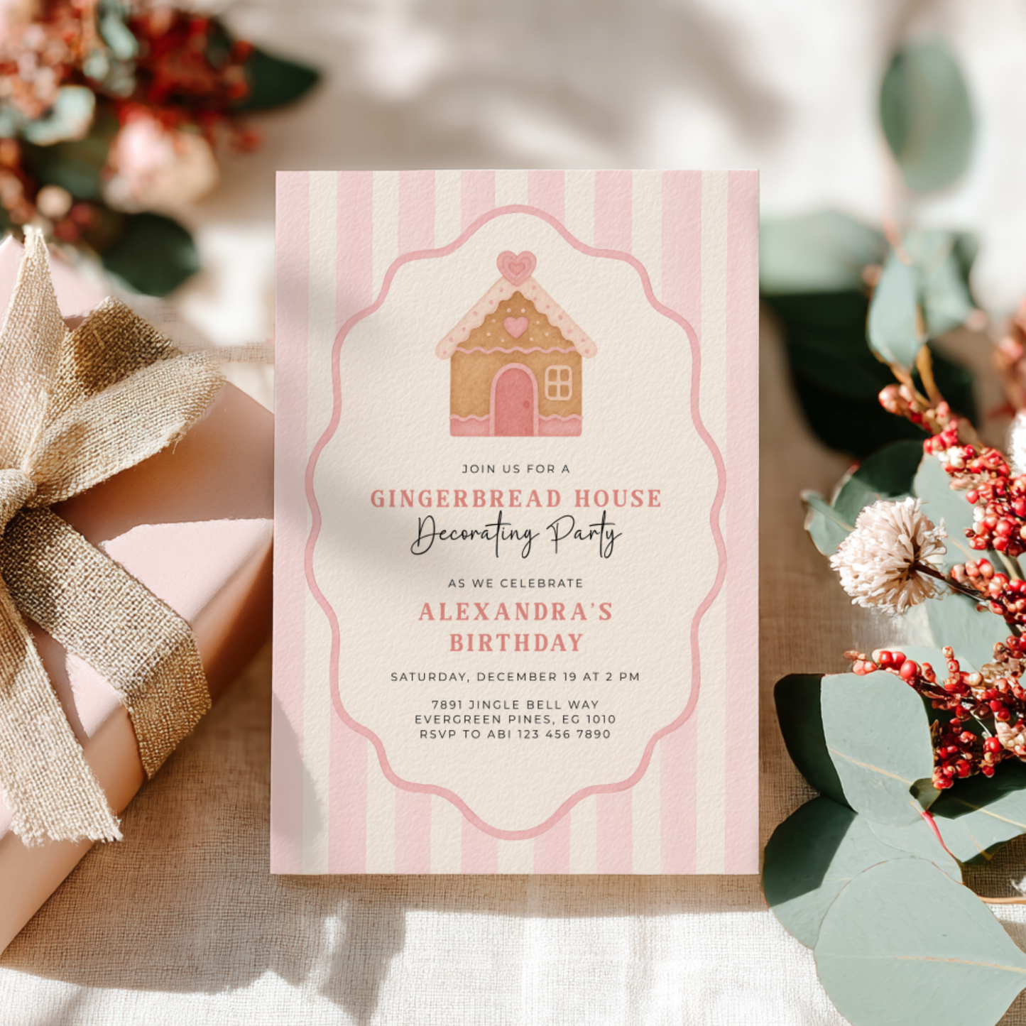 Pink Christmas Gingerbread House Birthday Party Invitation L54