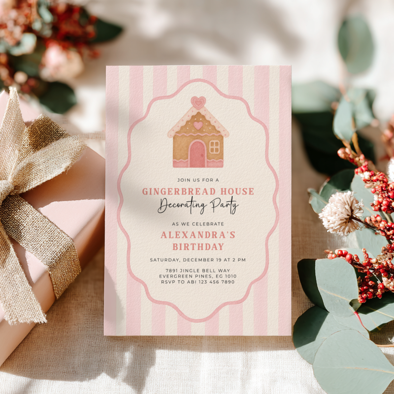 Pink Christmas Gingerbread House Birthday Party Invitation L54