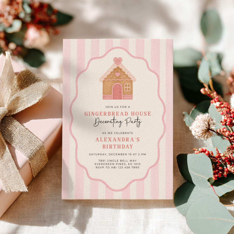 Pink Christmas Gingerbread House Birthday Party Invitation L54