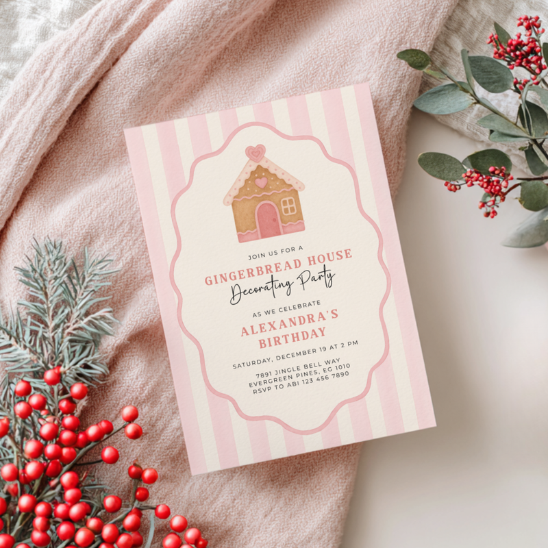 Pink Christmas Gingerbread House Birthday Party Invitation L54