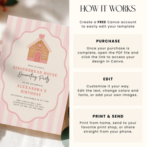 Pink Christmas Gingerbread House Birthday Party Invitation L54