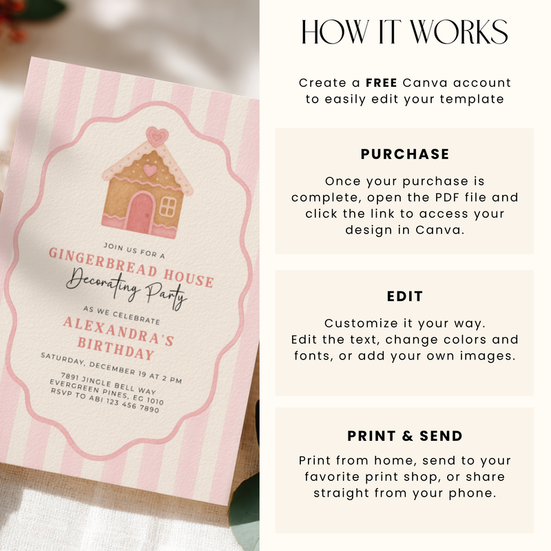 Pink Christmas Gingerbread House Birthday Party Invitation L54