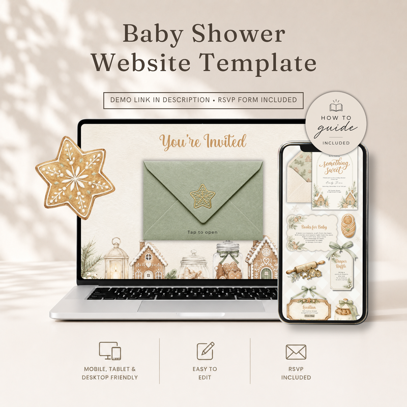 Sage Green Gingerbread Baby Shower Website Invitation with RSVP BS330