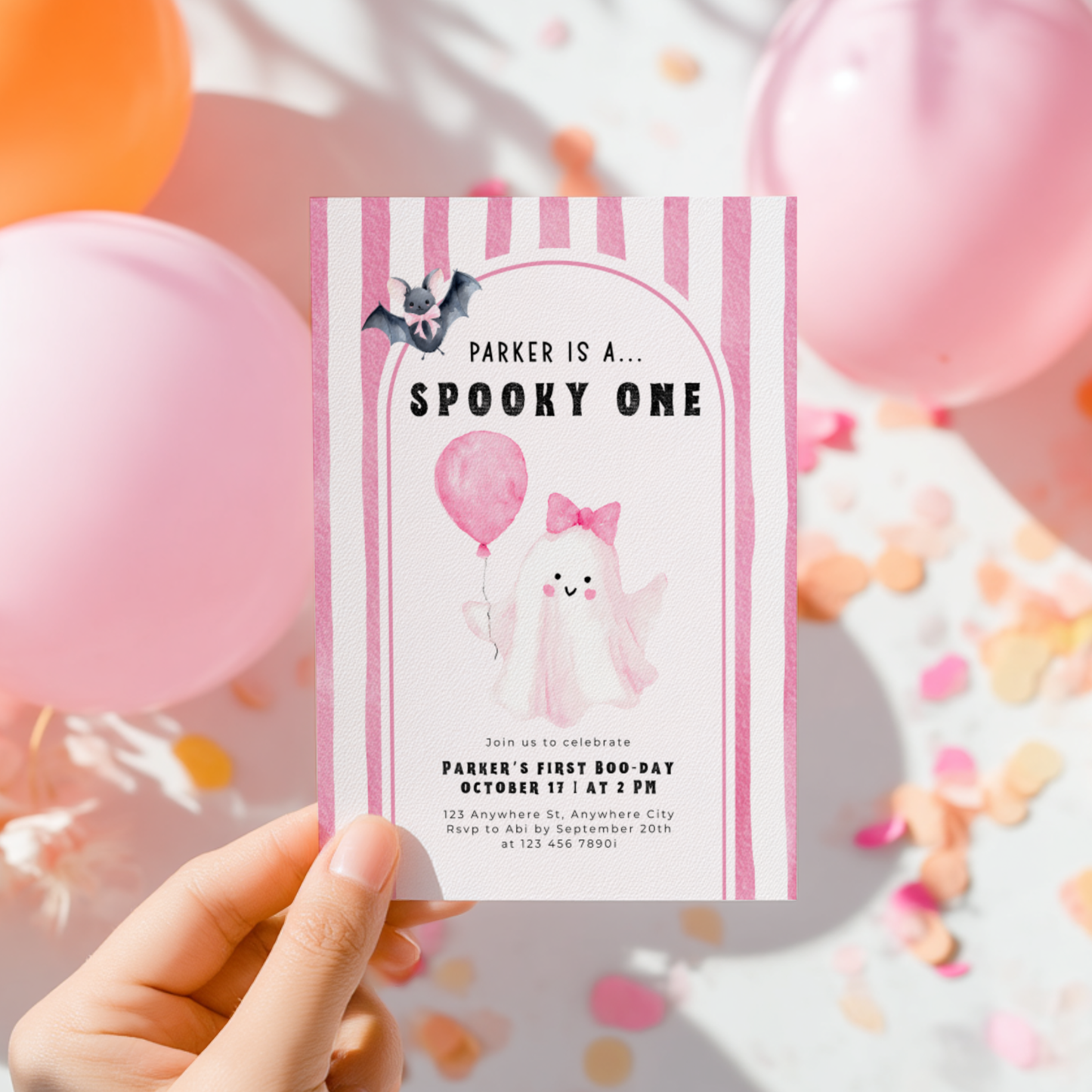 Girl Halloween First Birthday Invitation Spooky One L41