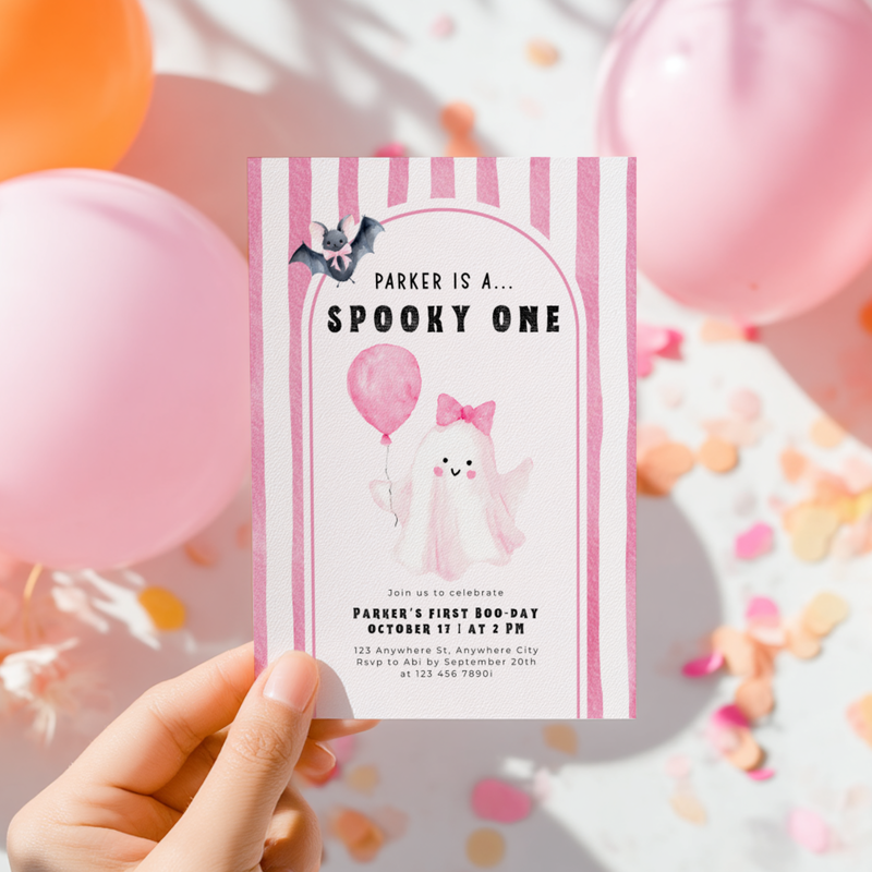 Girl Halloween First Birthday Invitation Spooky One L41