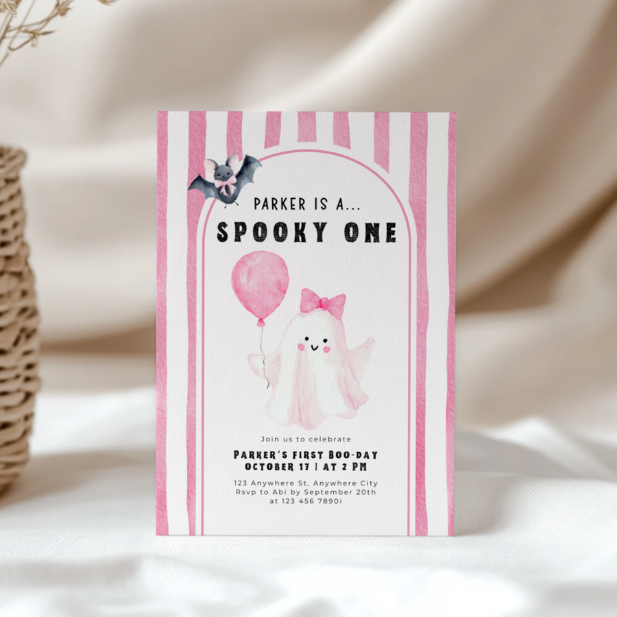 Girl Halloween First Birthday Invitation Spooky One L41