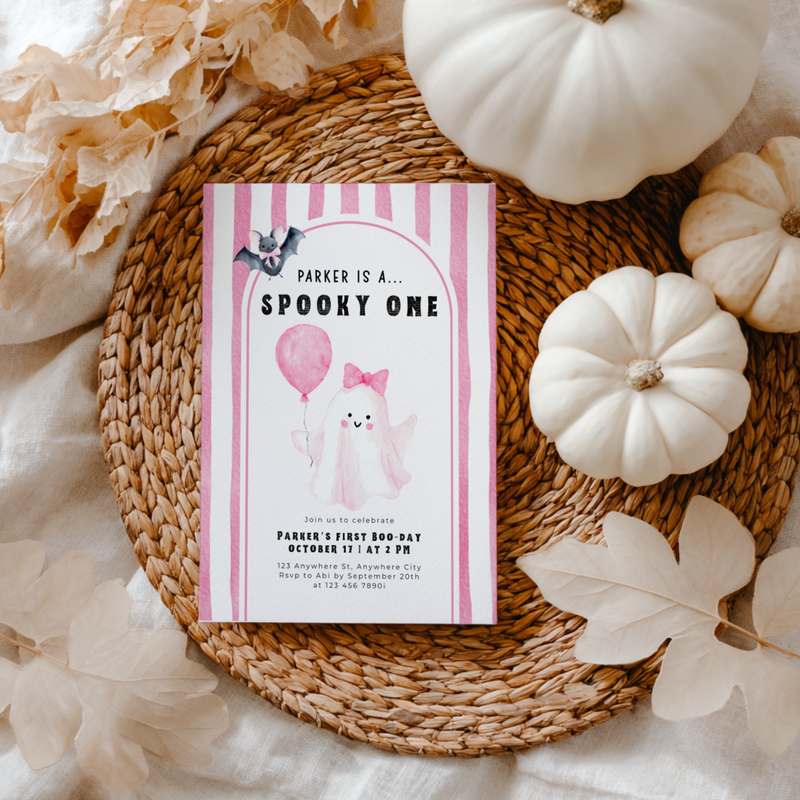 Girl Halloween First Birthday Invitation Spooky One L41