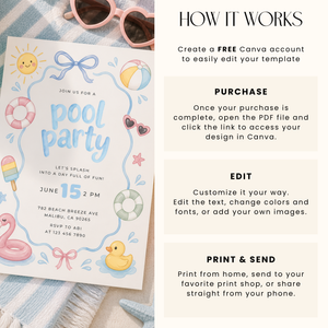 Girl Pool Party Invitation Pastel - Kids Summer Birthday L137