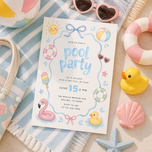 Girl Pool Party Invitation Pastel - Kids Summer Birthday L137