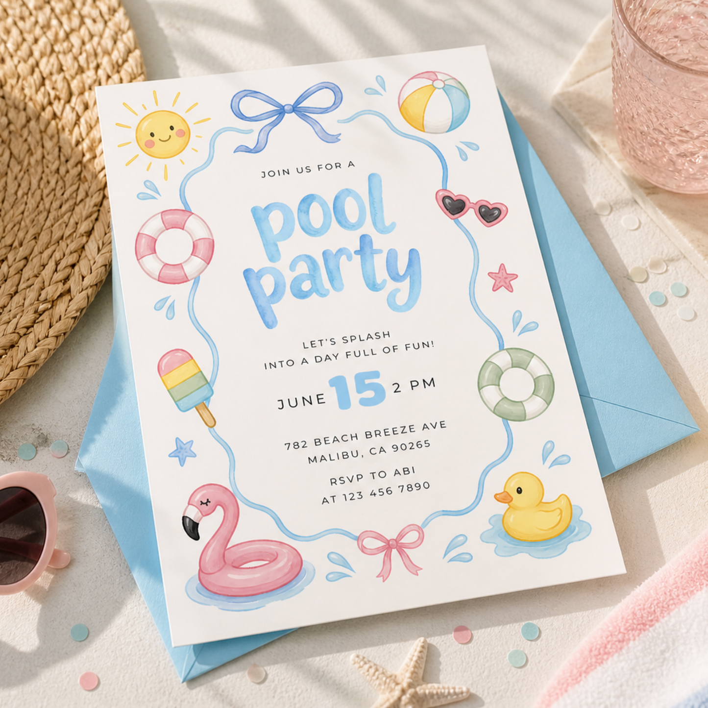 Girl Pool Party Invitation Pastel - Kids Summer Birthday L137