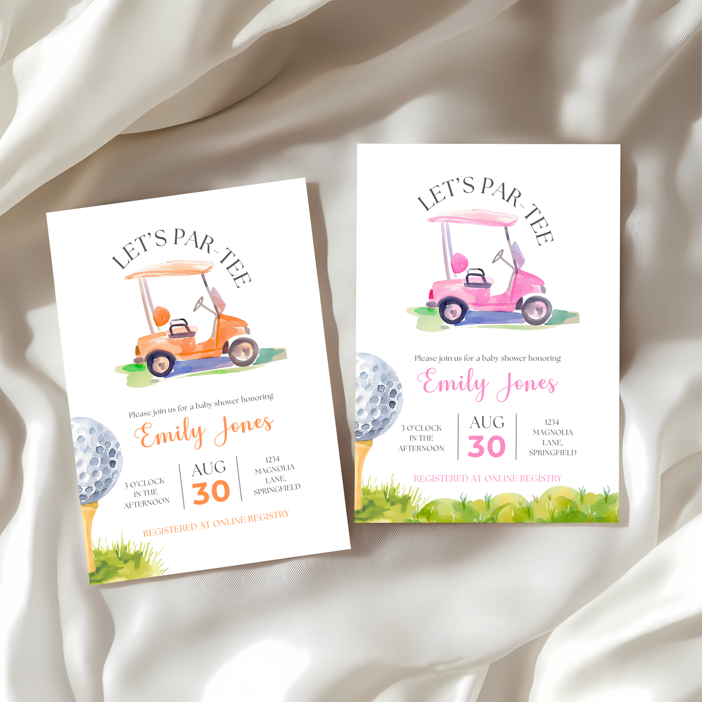 Baby Shower Invitation - Orange Golf Cart Let's Par-Tee Little Putter BS165