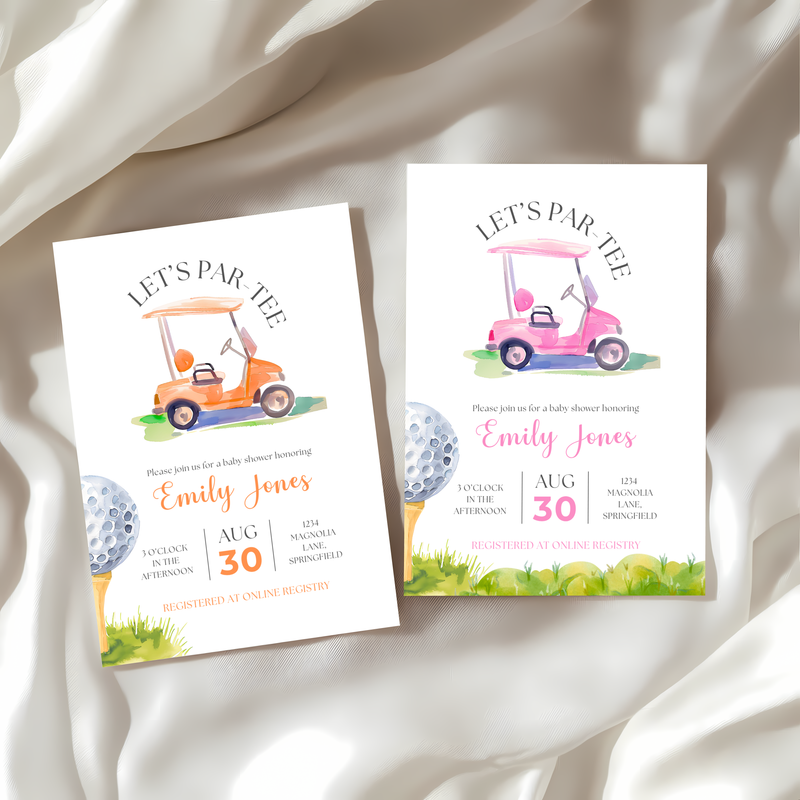 Baby Shower Invitation - Orange Golf Cart Let's Par-Tee Little Putter BS165