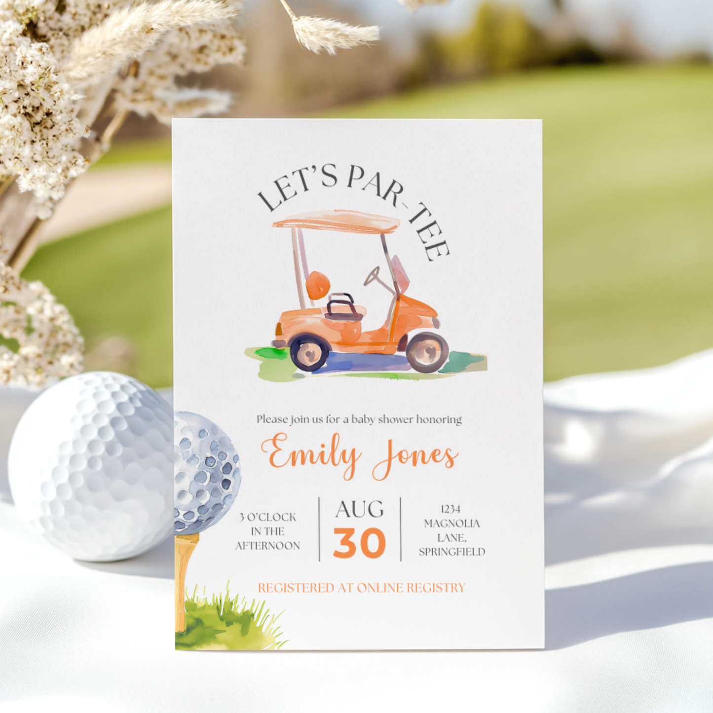 Baby Shower Invitation - Orange Golf Cart Let's Par-Tee Little Putter BS165