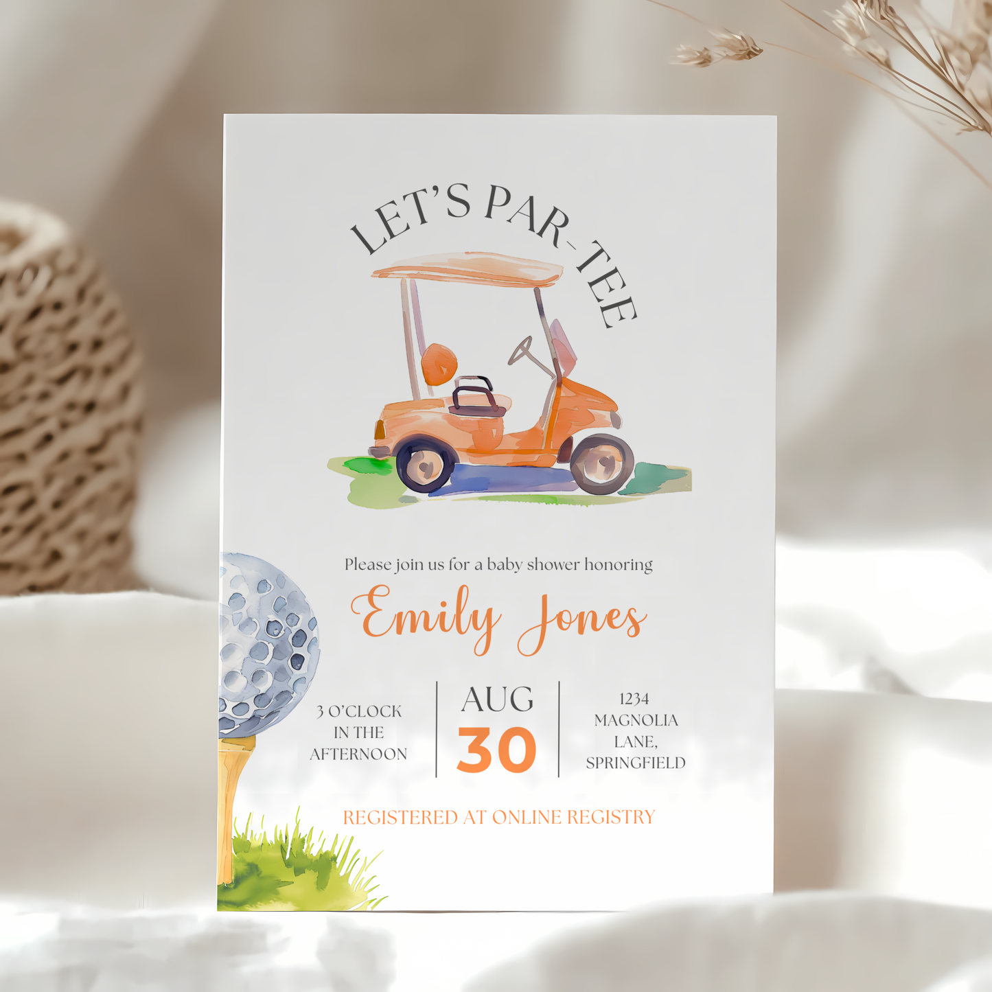 Baby Shower Invitation - Orange Golf Cart Let's Par-Tee Little Putter BS165