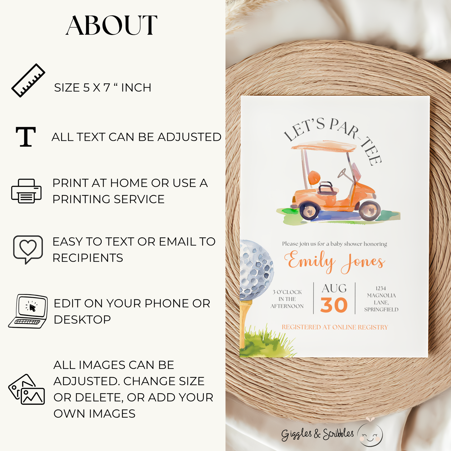 Baby Shower Invitation - Orange Golf Cart Let's Par-Tee Little Putter BS165