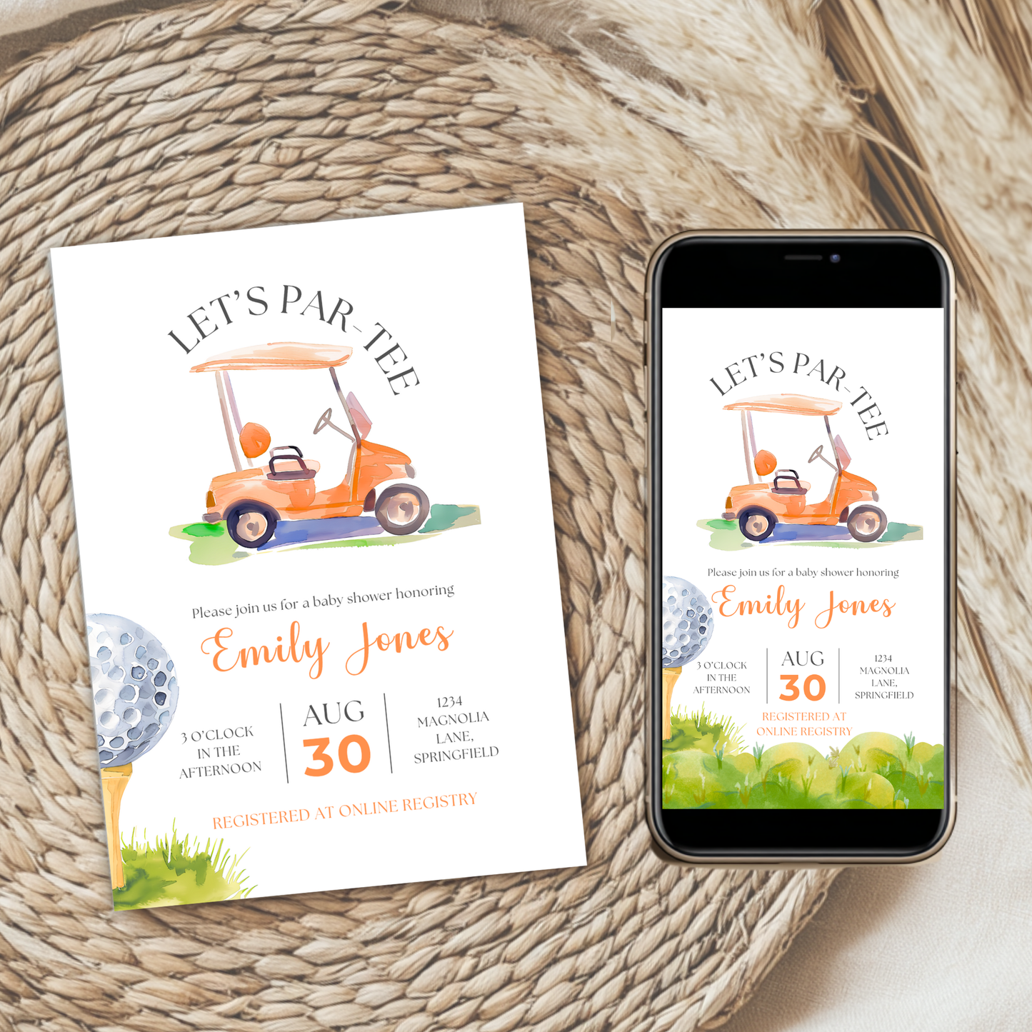 Baby Shower Invitation - Orange Golf Cart Let's Par-Tee Little Putter BS165