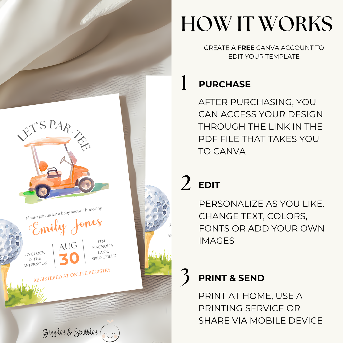Baby Shower Invitation - Orange Golf Cart Let's Par-Tee Little Putter BS165
