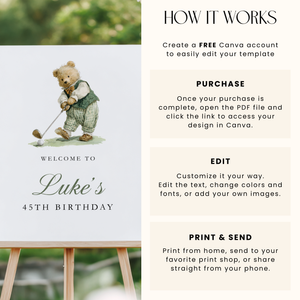 Golf Sports Bear Party Welcome Sign Template L17