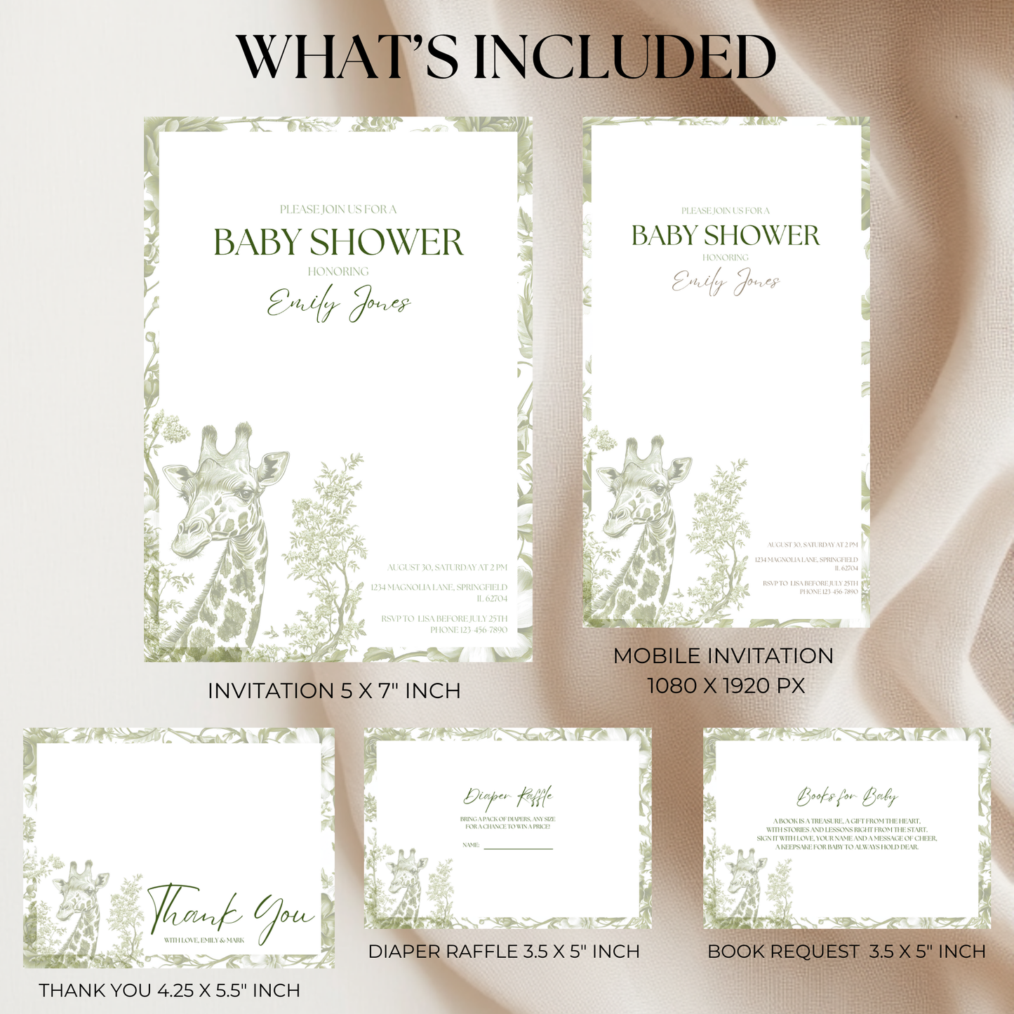 Baby Shower Invitation Bundle - Green Safari Chinoiserie Giraffe BS21