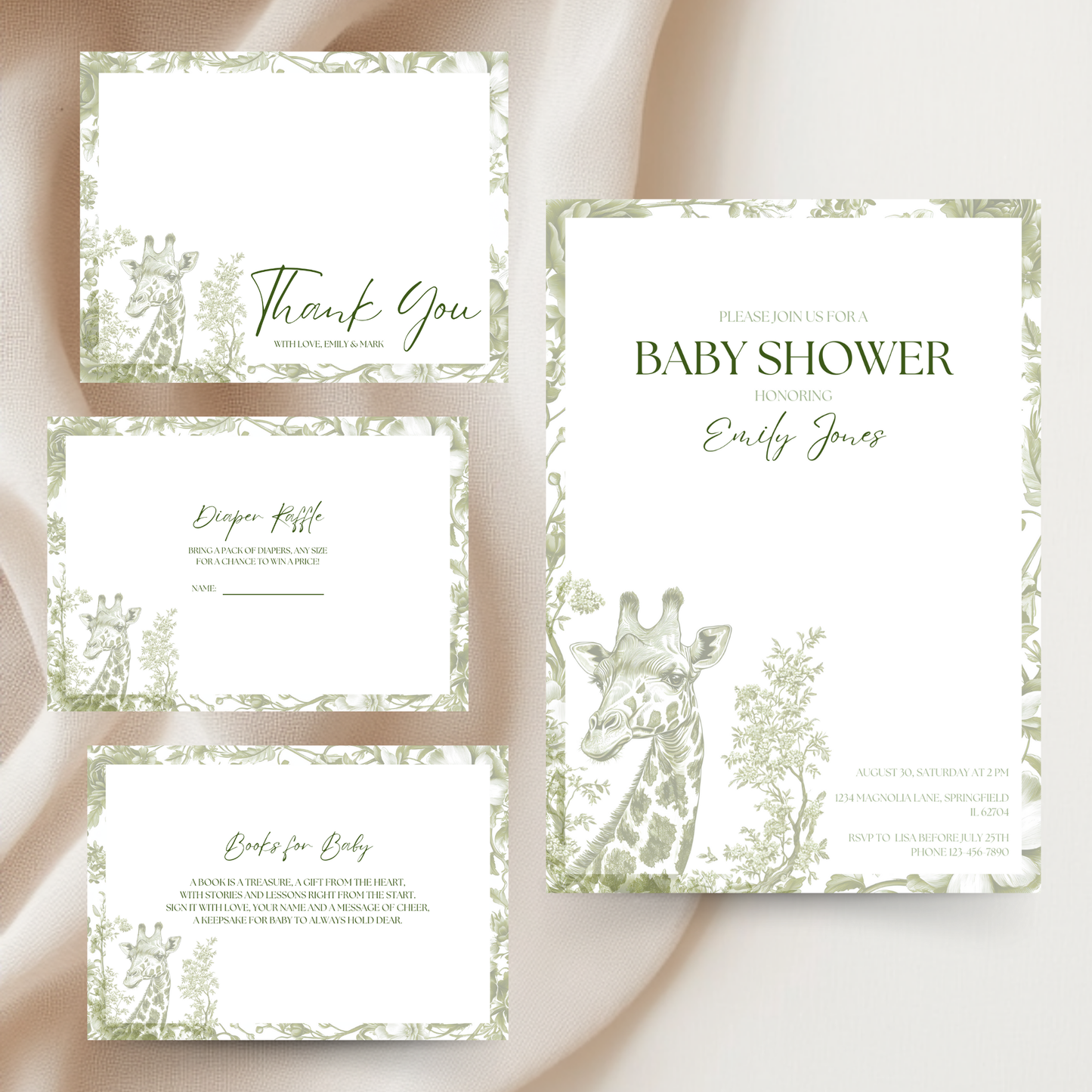 Baby Shower Invitation Bundle - Green Safari Chinoiserie Giraffe BS21